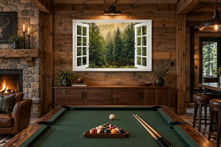 Fake window wall art showing a foggy pine forest with a white frame on a rustic wood wall.
