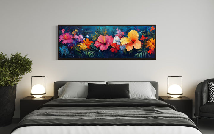 Large Colorful Flowers On Blue Background Horizontal Framed Canvas Wall Art above bed