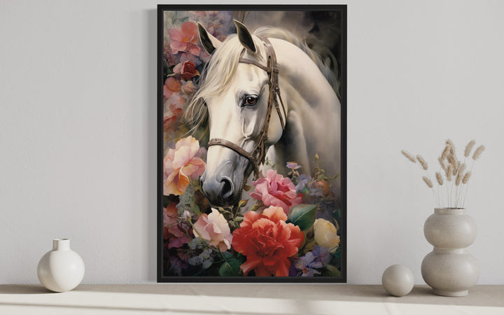 White Horse with Flowers Framed Canvas Wall Art close up