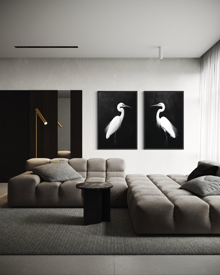 Set of 2 White Egrets On Black Background Canvas Wall Art