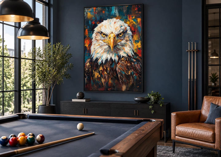 Bald eagle canvas wall art in a modern office with a pool table and leather chair.