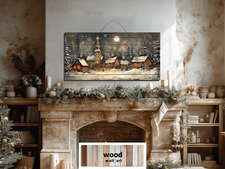 Rustic Christmas Snowy Village Distressed Wood Wall Art