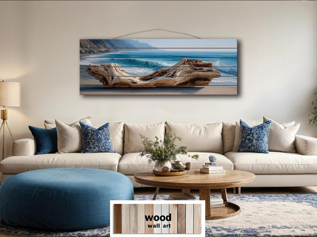 Driftwood On Beach Long Horizontal Coastal Distressed Wood Wall Art
