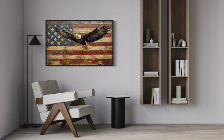 Bald Eagle And American Flag Framed Canvas Wall Art in library