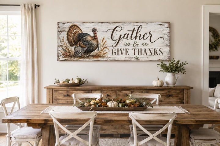 Gather and Give Thanks turkey farmhouse wall art above a rustic dining table with pumpkins.