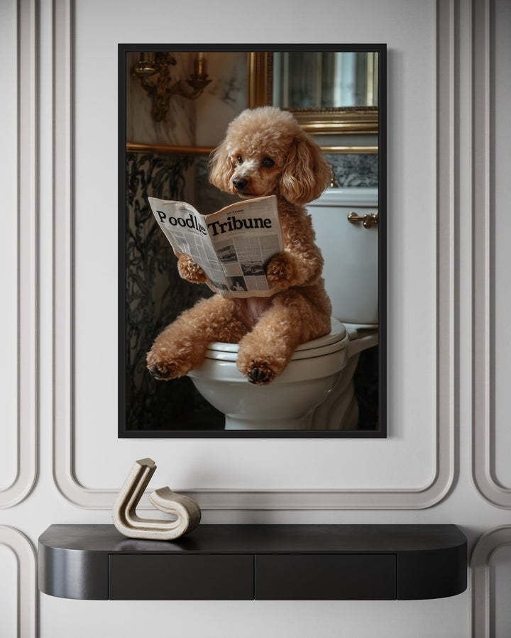 Peach Poodle On Toilet Reading Newspaper Framed Canvas Wall Art close up