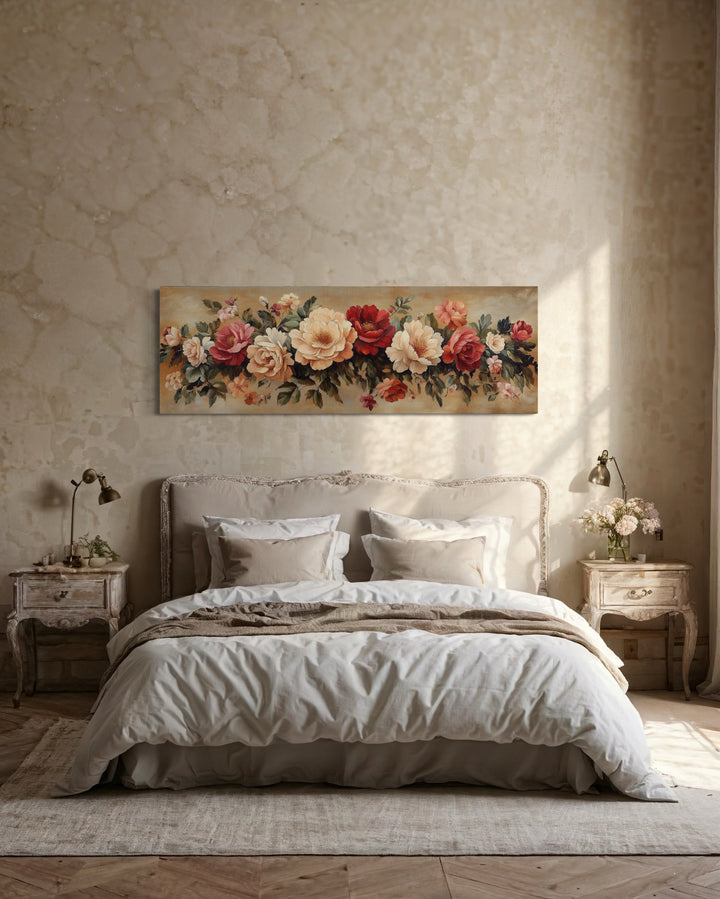 Vintage Floral Boho Horizontal Framed Tapestry Canvas Wall Art in bedroom