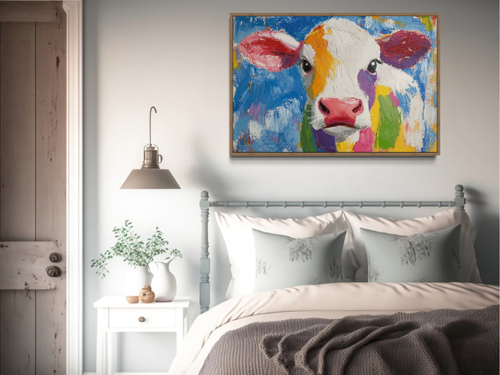 Colorful Farmhouse Cow Framed Canvas Wall Art above bed