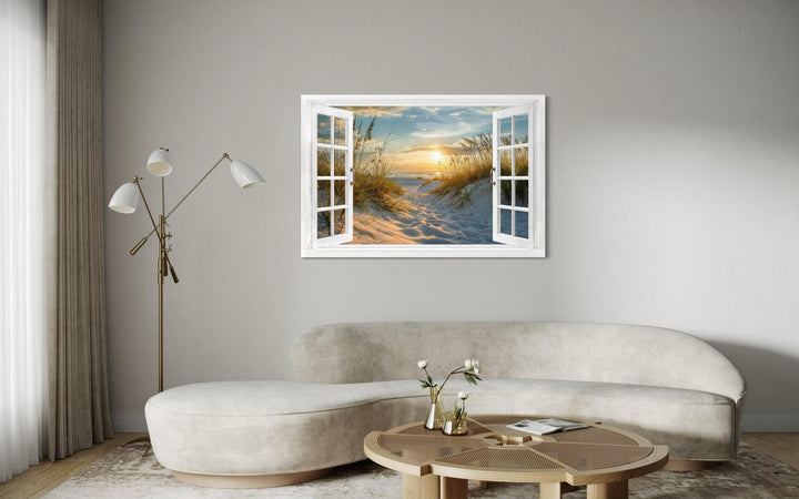 Fake Open Window View Beach Sunset Canvas Wall Art With Dunes and Beach Grass