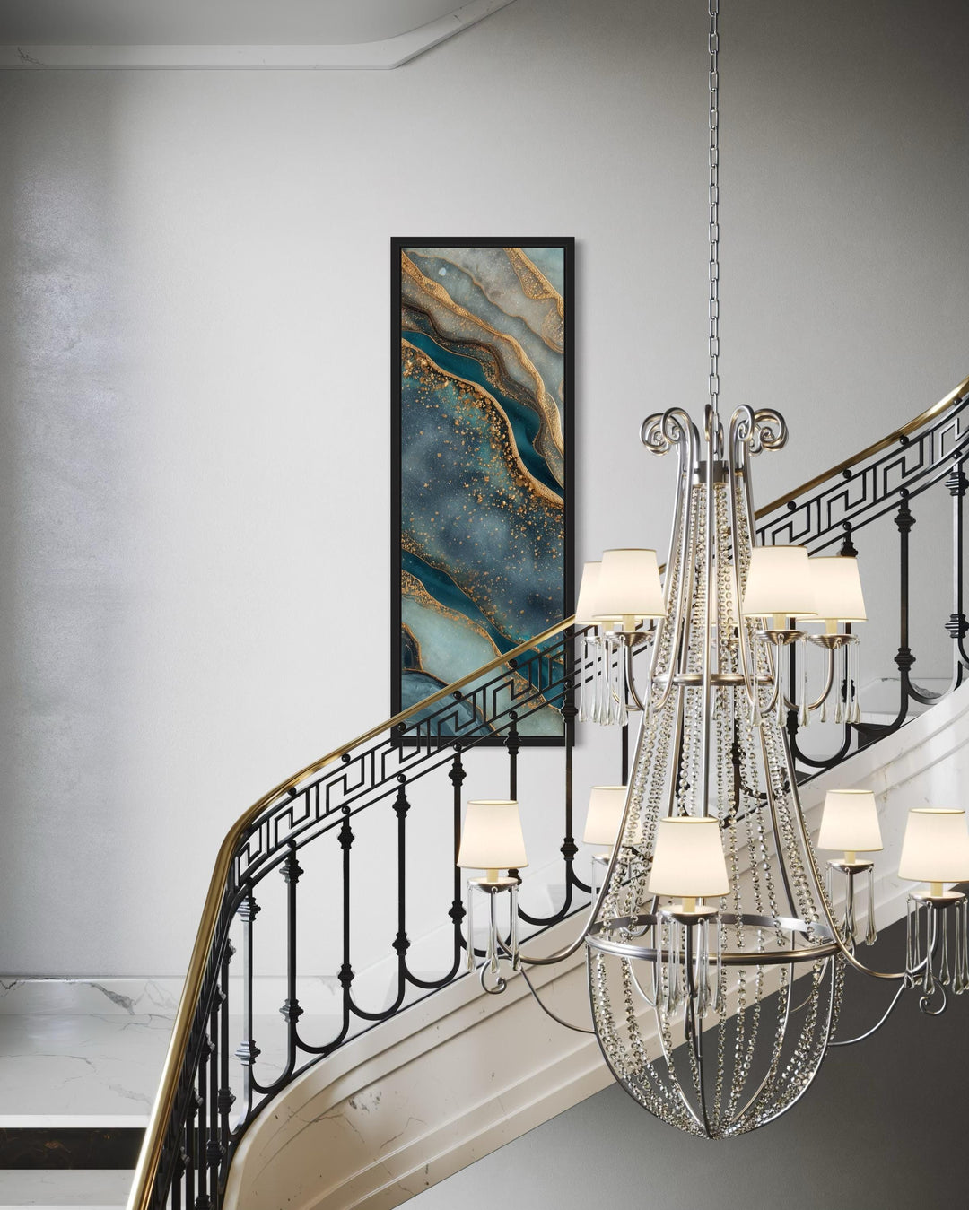 Tall Narrow Vertical Marble Inspired Abstract Teal Blue Gold Canvas Print