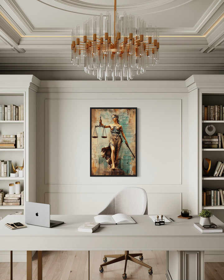 Lady Justice With Scales And Sword Framed Canvas Wall Decor in lawyer's office