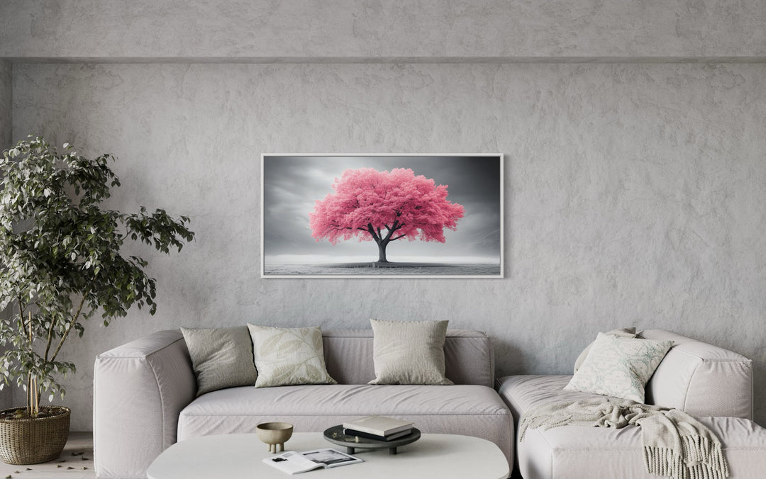 Pink Tree on Black White Background Extra Large Framed Canvas Wall Art