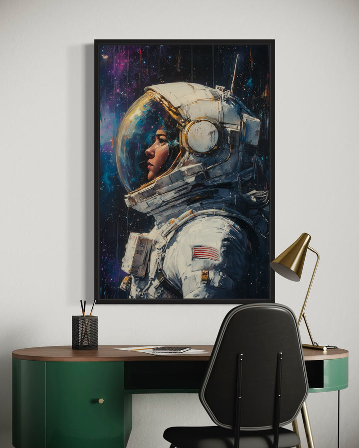 Female Astronaut Graffiti Framed Canvas Wall Art in the office