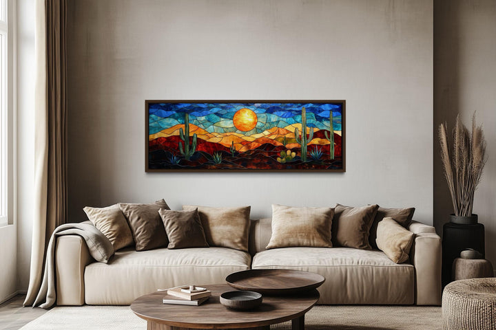 Southwest Desert Sunset Cactus Landscape Stained Glass Style Long Horizontal Canvas Wall Art