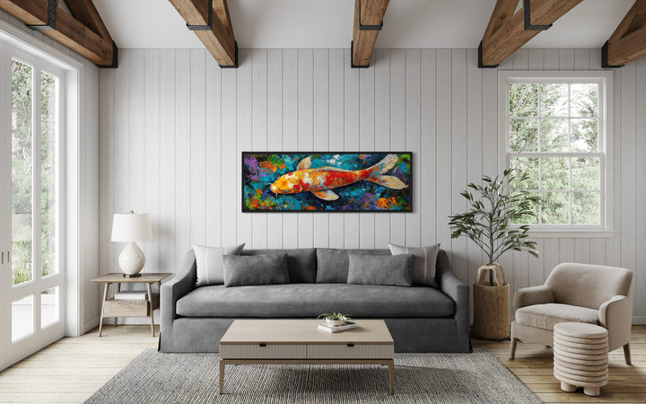 Colorful Koi Fish Long Narrow Framed Canvas Wall Art in rustic living room