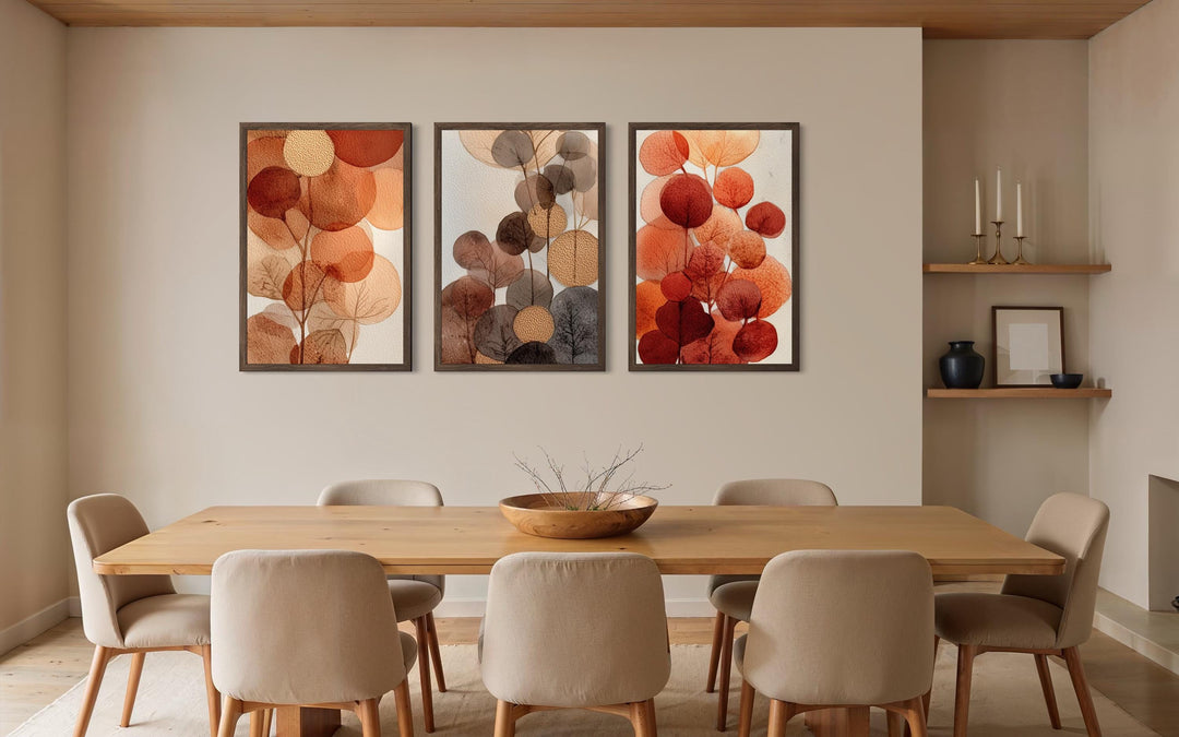 Abstract Botanical Wall Art Set of 3 – Warm Autumn Tones Canvas Prints, Burnt Orange and Beige Leave