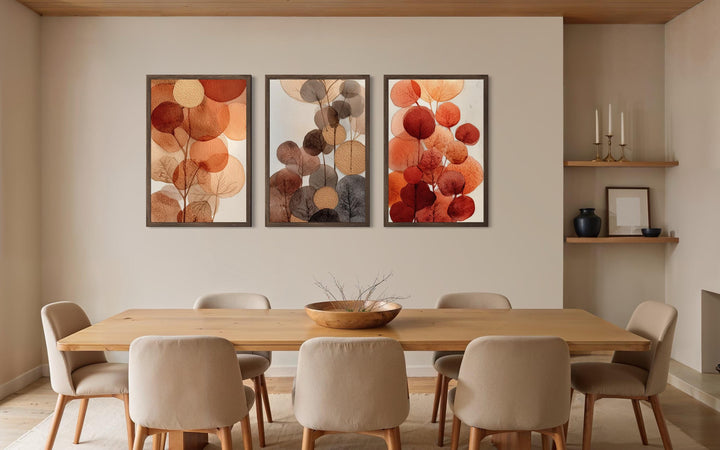 Abstract Botanical Wall Art Set of 3 – Warm Autumn Tones Canvas Prints, Burnt Orange and Beige Leave
