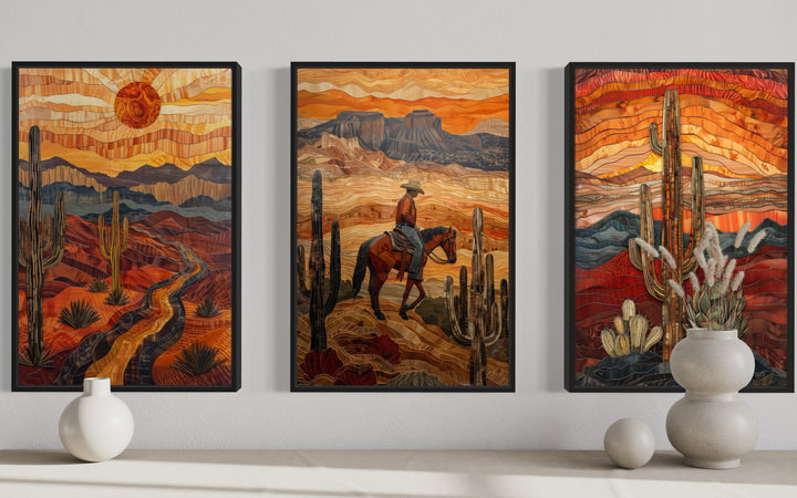 3 Piece Southwestern Canvas Wall Art With Cowboy, Saguaro Cactus and Arizona Desert close up