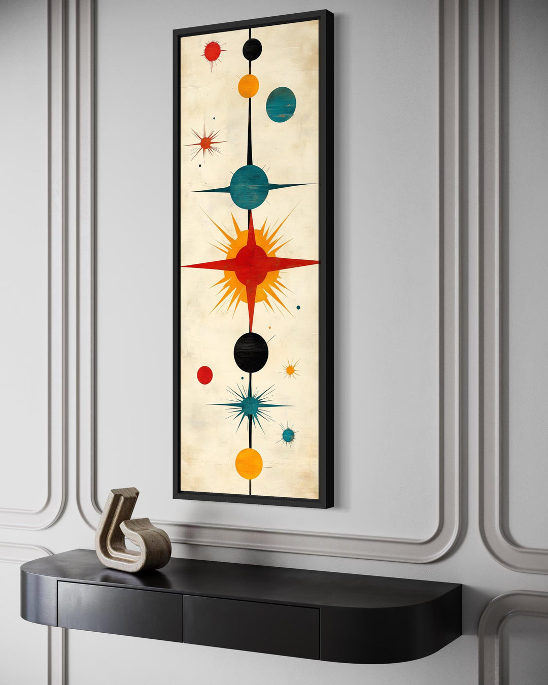 Vertical narrow mid-century modern wall art featuring an abstract atomic starburst design.