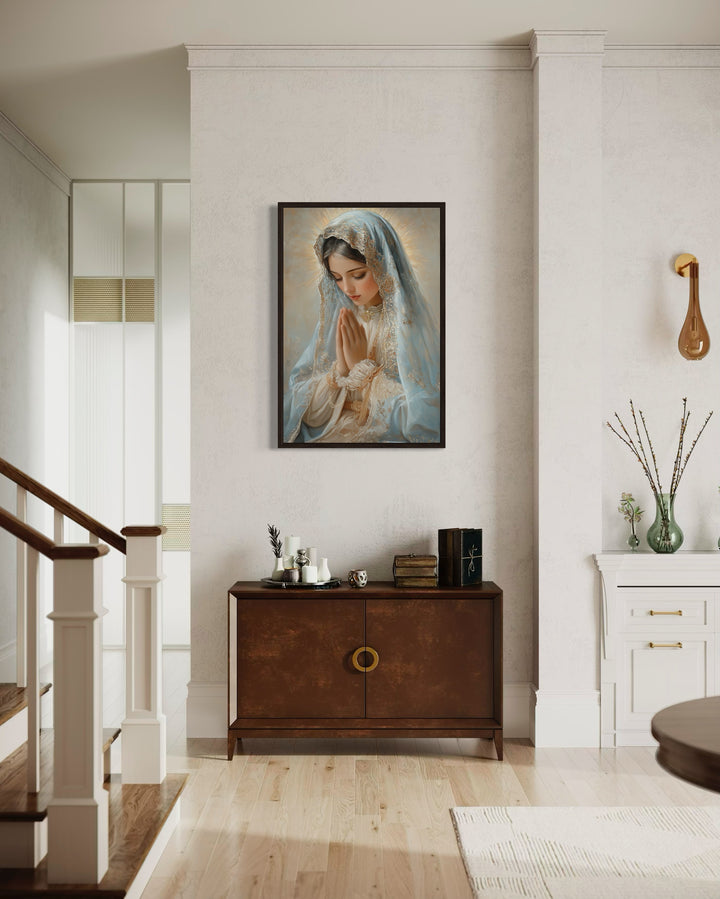 Virgin Mary Praying Framed Christian Canvas Wall Art above dresser