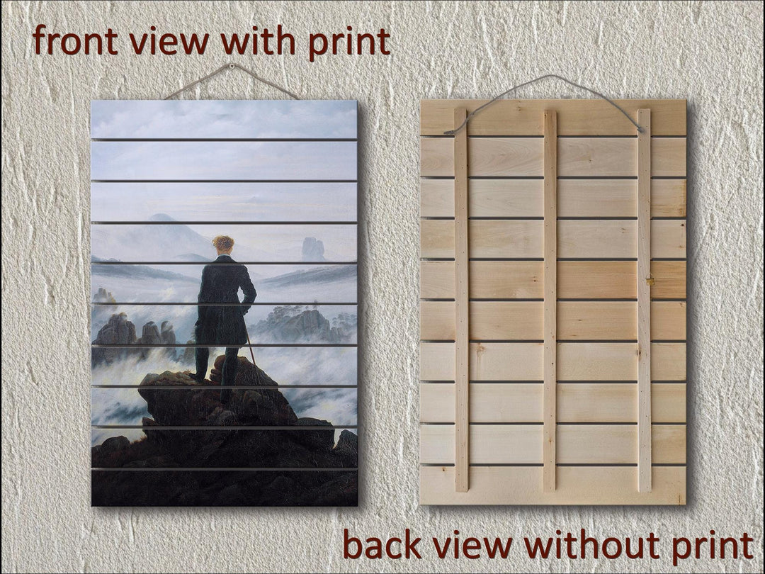 Front and back view of Wanderer Above the Sea of Fog printed on vertical distressed wood planks.