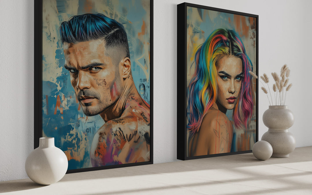 Set Of Two Man And Woman With Rainbow Hair side view