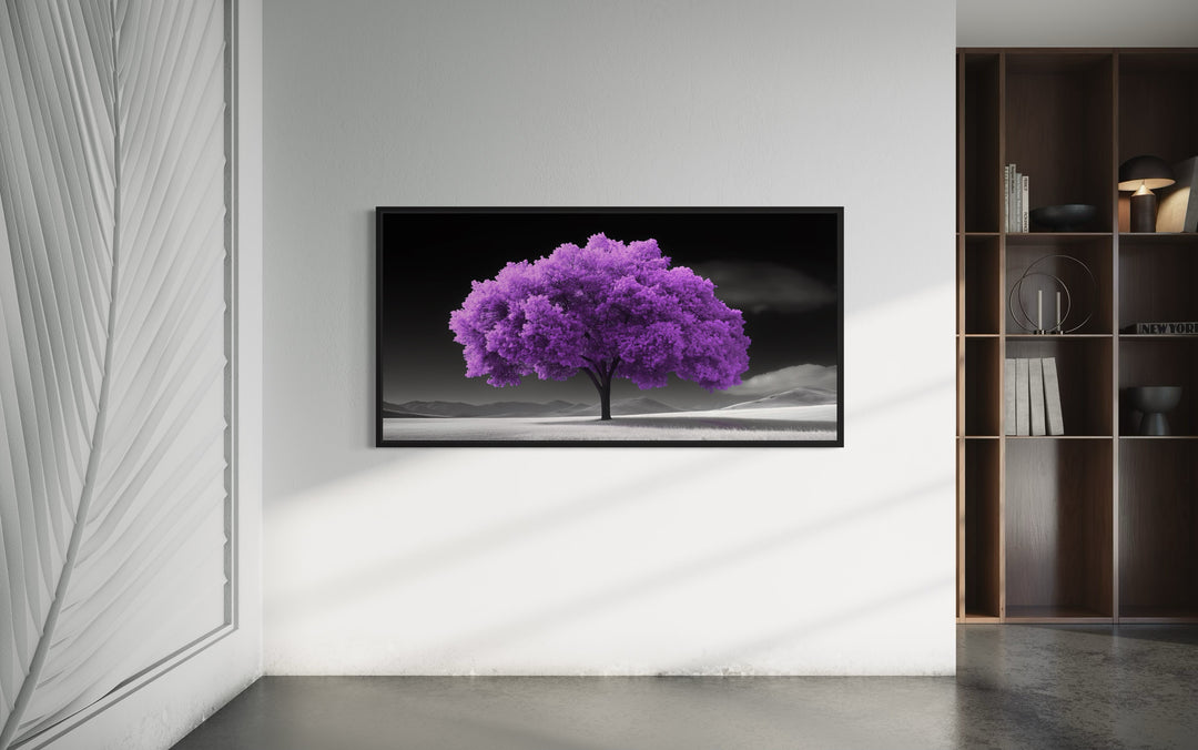 Purple Tree on Black White Background Framed Canvas Wall Art in living room