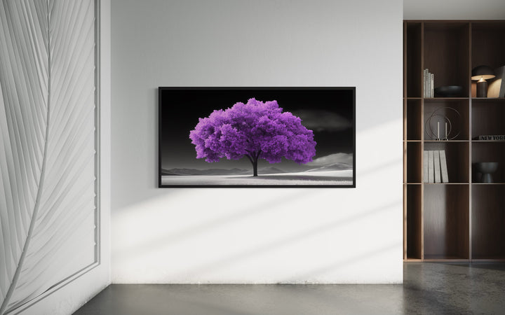 Purple Tree on Black White Background Framed Canvas Wall Art in living room