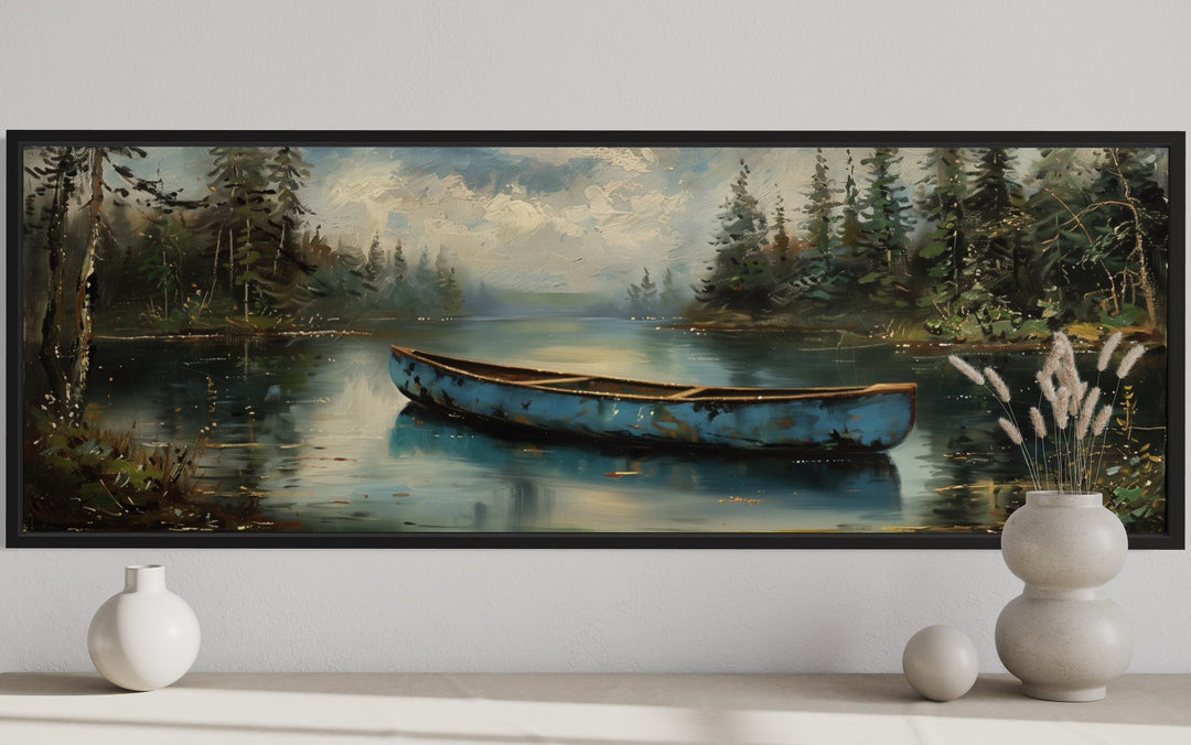 Old Blue Canoe In The Lake Long Horizontal Framed Canvas Wall Art close up