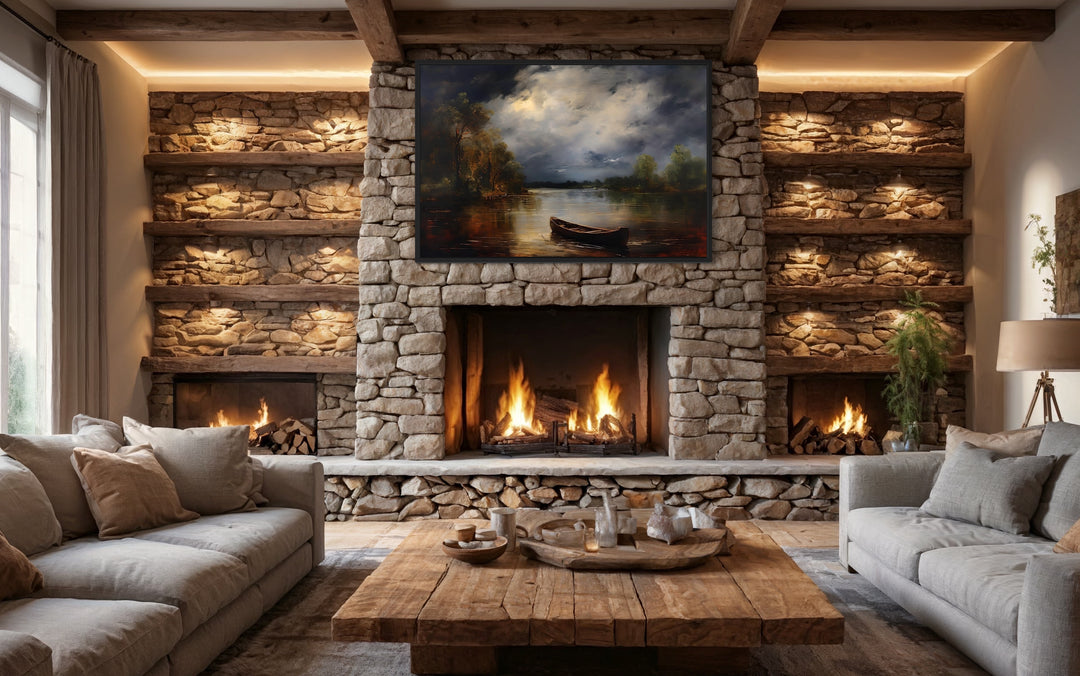 Canoe In The Lake Rustic Moody Cabin Wall Decor "Cabin Reflections" over a fire place