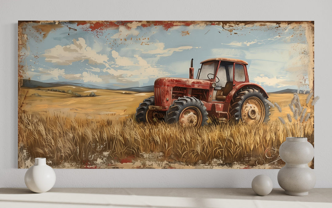 Vintage Old Red Tractor In The Wheat Field Rustic Canvas Wall Art close up