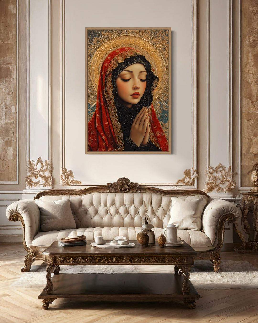 Blessed Virgin Mary Modern Icon Framed Christian Canvas Wall Art in living room