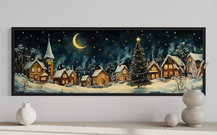 Festive Christmas Village Long Narrow Framed Canvas Wall Art close up