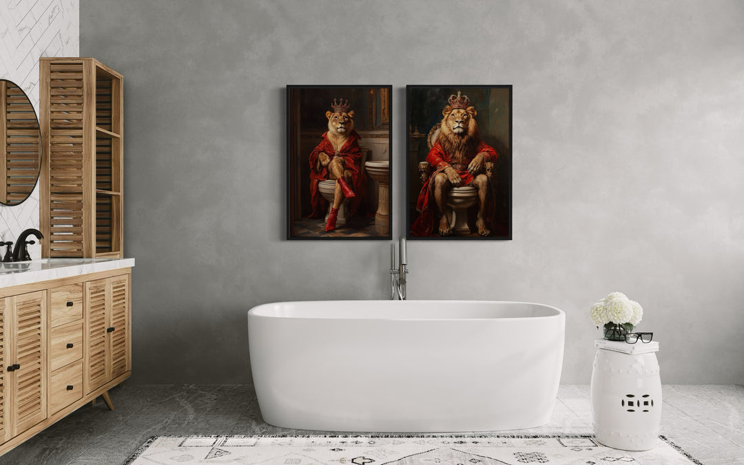 2 Piece Male Female Bathroom Wall Art - Lion King And Lioness Queen On Toilets