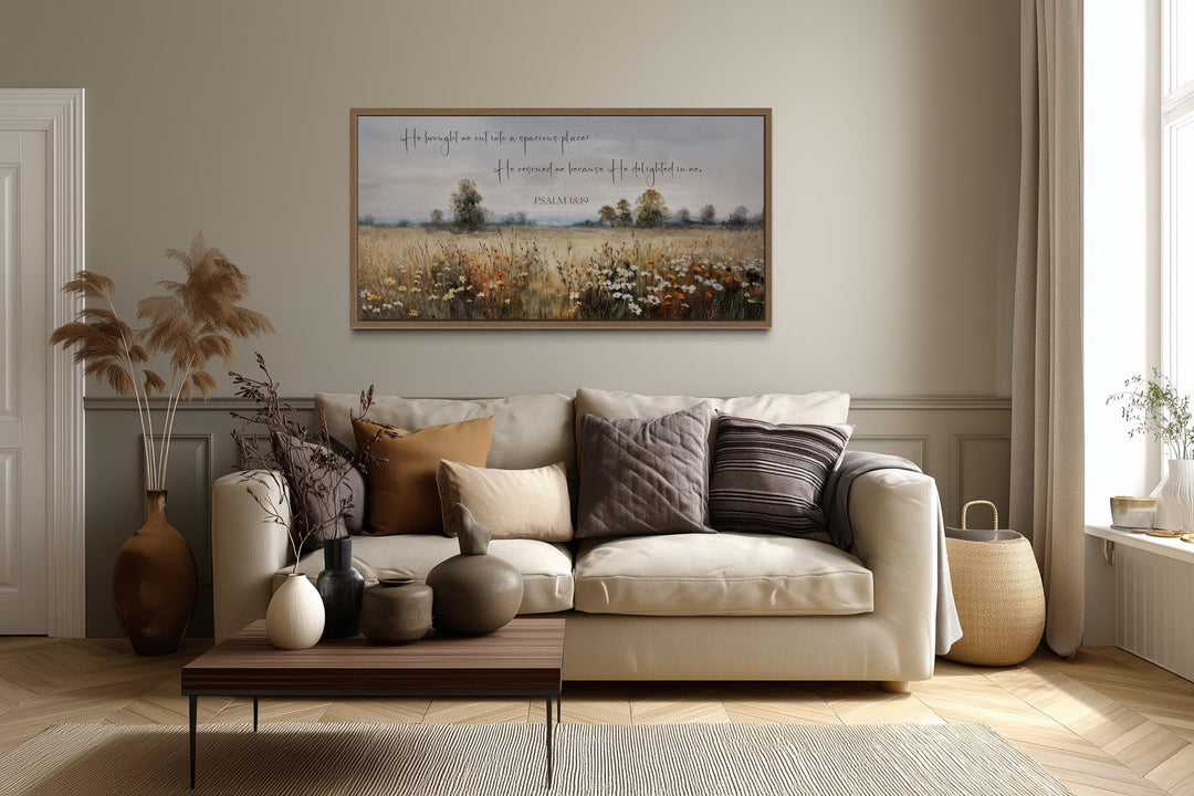 Psalm 18:19 Wall Art, He Brought Me Out Into a Spacious Place Scripture On Wildflowers Field Framed Canvas Wall Art