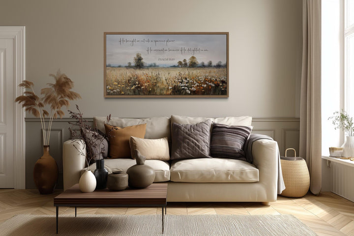 Psalm 18:19 Wall Art, He Brought Me Out Into a Spacious Place Scripture On Wildflowers Field Framed Canvas Wall Art