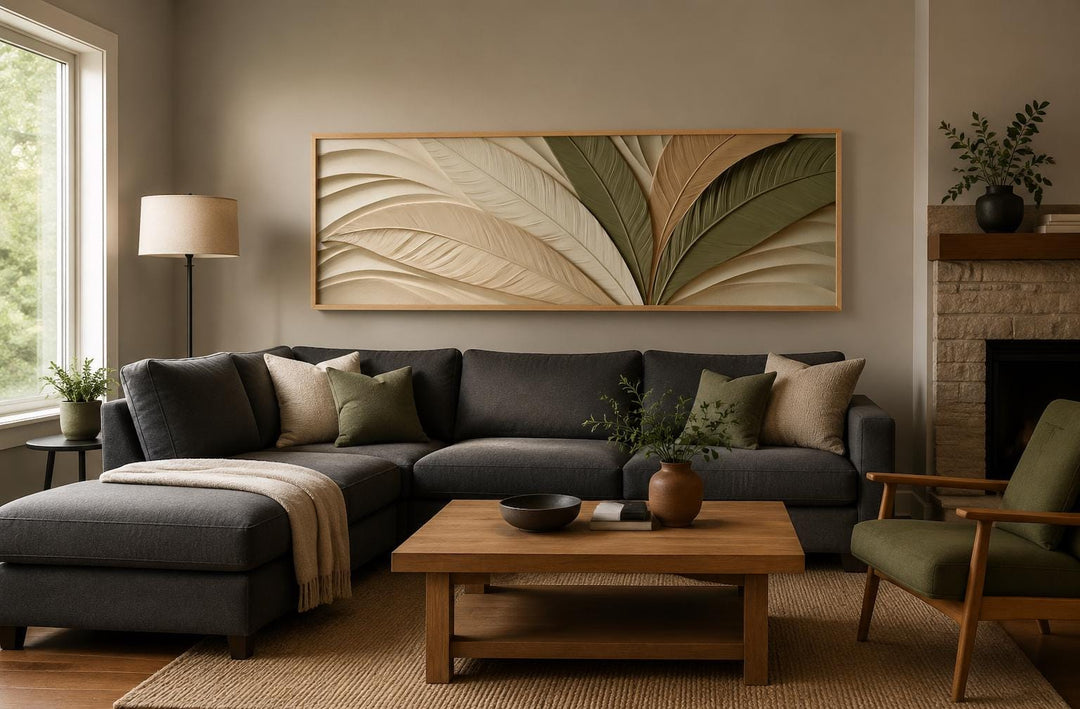 Sculptural Palm Leaf Canvas Print in Warm Cream, Olive, and Tan Tones Above Bed Decor