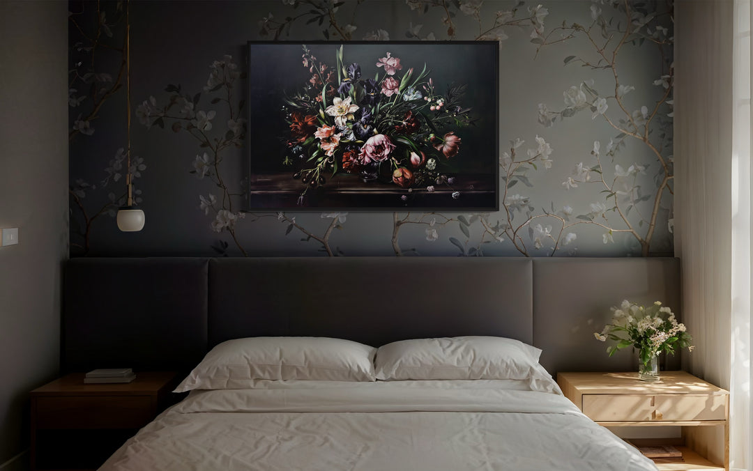 Dark Academia Moody Vintage Flowers Framed Canvas Wall Art in above bed