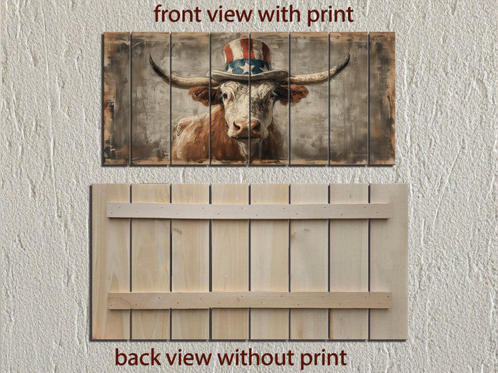 Longhorn Bull Wall Art - Rustic Wood Decor With Uncle Sam Hat | Patriotic Farmhouse
