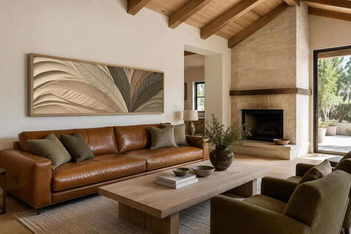 Sculptural Palm Leaf Canvas Print in Warm Cream, Olive, and Tan Tones Above Bed Decor