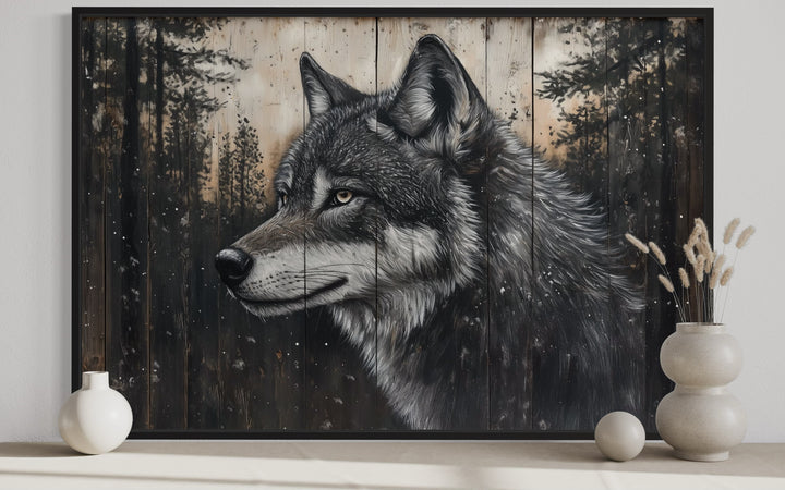 Rustic Wolf Painting On Wood Framed Canvas Wall Art close up