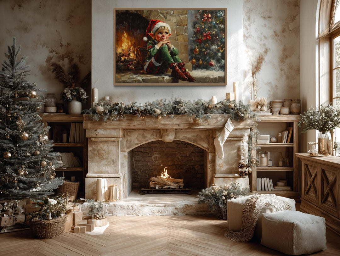 Vintage Christmas Elf by Fireplace Canvas Wall Art