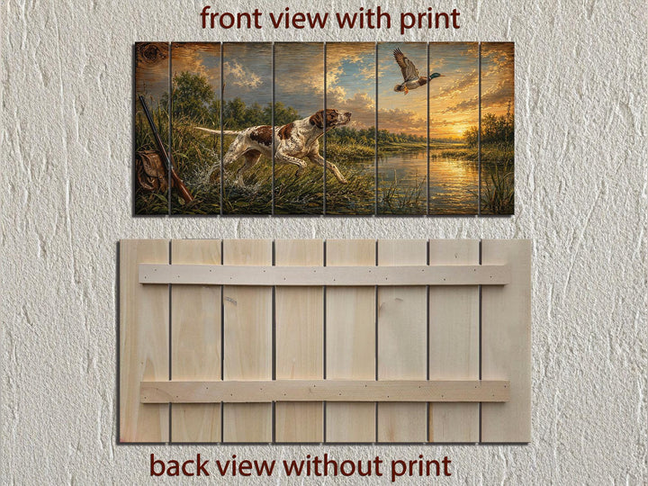 Front and back views of a rustic wood wall art featuring a hunting dog chasing a duck at sunset.