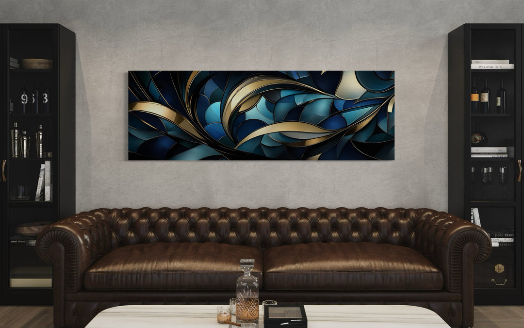 Art Decor Long Horizontal Blue Gold Framed Canvas Wall Art in living room