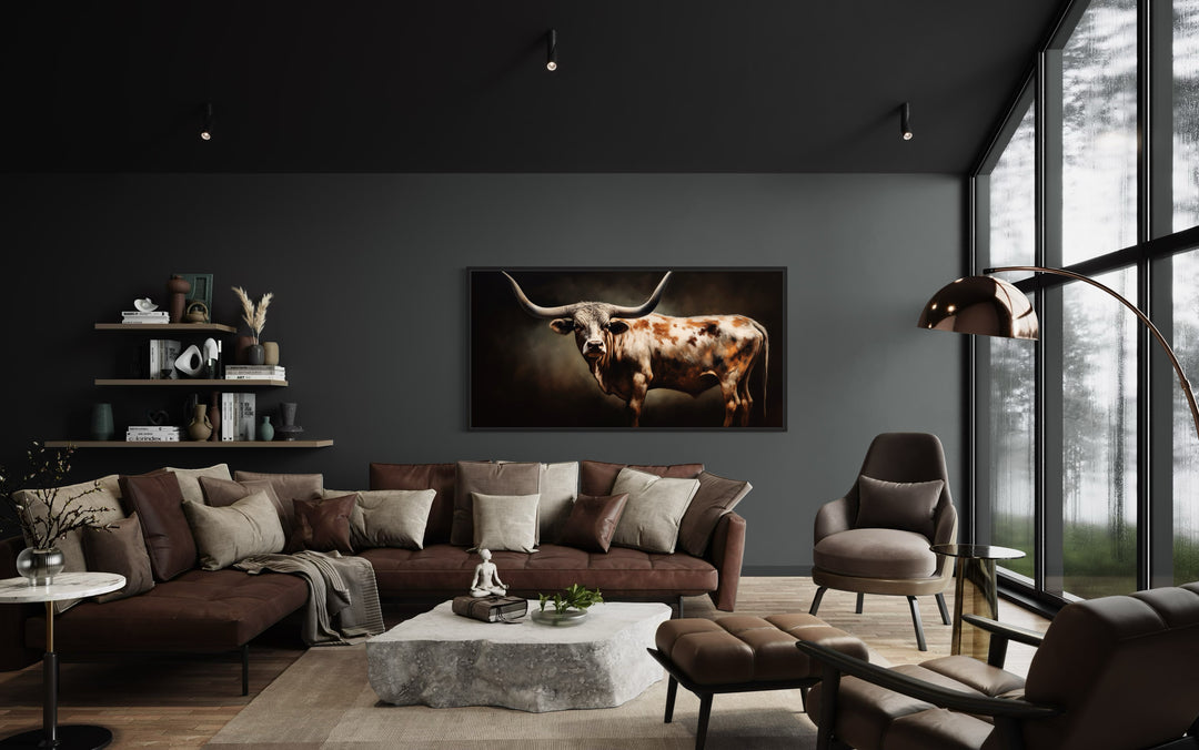 Brown Longhorn Steer Painting Framed Large Canvas Wall Art in a living room filled with furniture