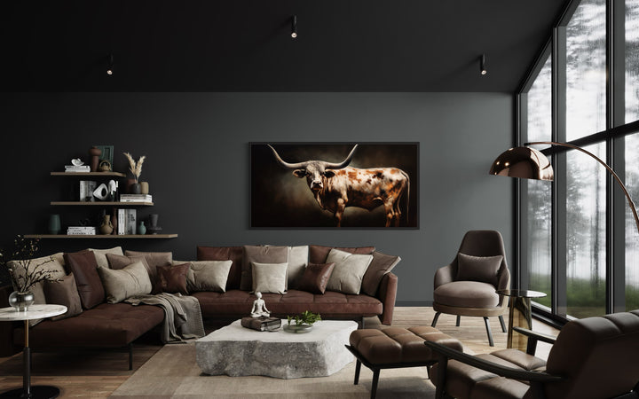 Brown Longhorn Steer Painting Framed Large Canvas Wall Art in a living room filled with furniture