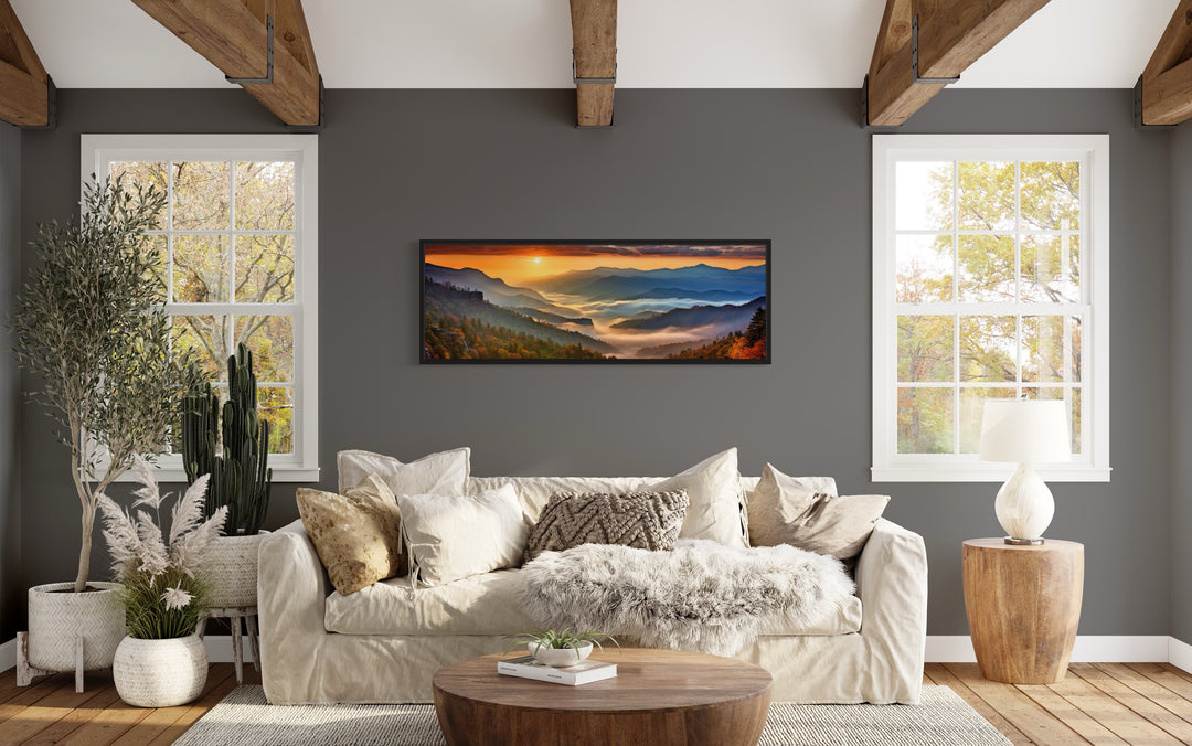 Mountains Sunset Landscape Long Narrow Living Room Framed Canvas Wall Art in living room