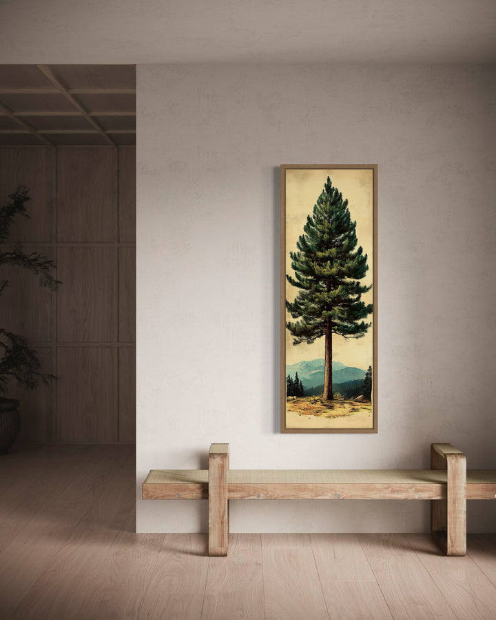 Tall Narrow Vertical Rustic Pine Tree Framed Canvas Wall Art in the cabin