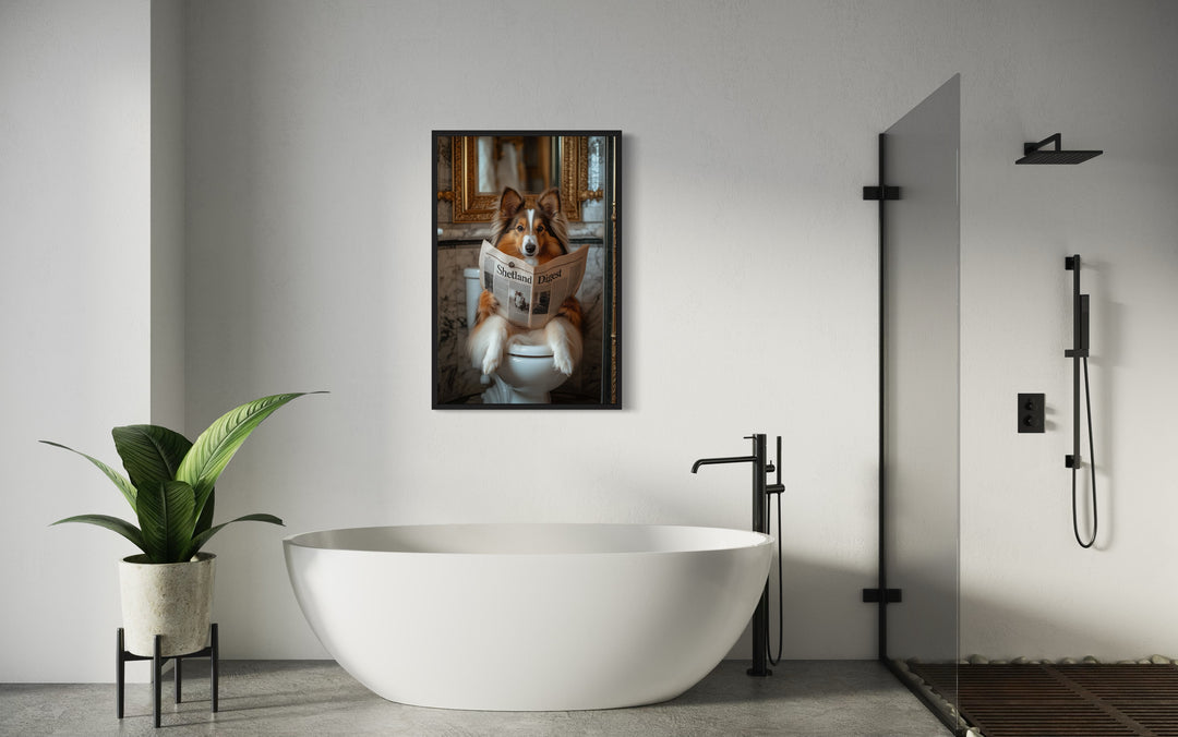 Shetland Sheepdog On The Toilet Reading Newspaper Picture in a bathroom with a tub