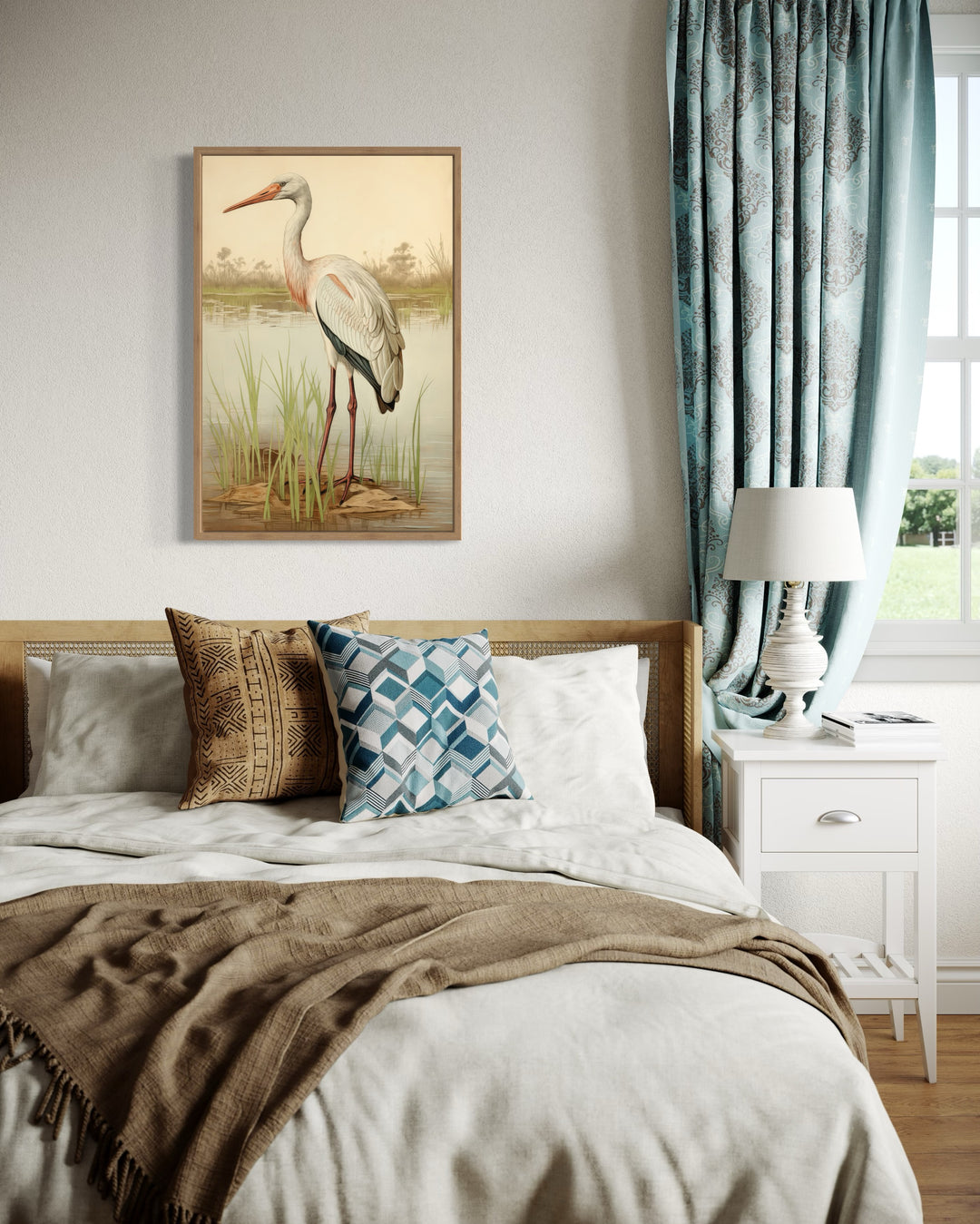 Vintage Stork Painting Coastal Framed Canvas Wall Art in a bedroom with a bed